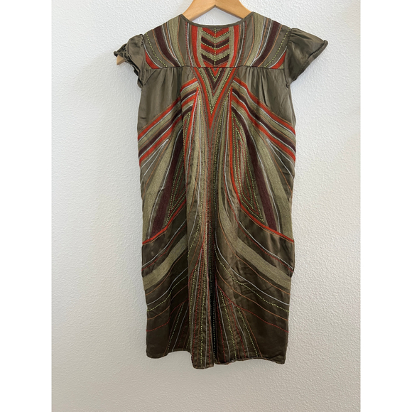 Calypso Womens XS Silk Beaded Cap Sleeve Boho Earthy Green Orange Shift Dress - Picture 9 of 12